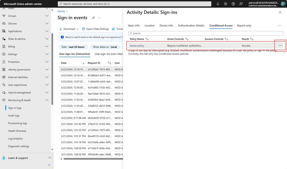 Sign-in log details, Conditional Access tab, showing CA-NN-Phishing-Resistant with result Failure and the grant control that was not satisfied