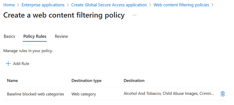 Create web content filtering policy wizard with a Block rule for the Social Networking category